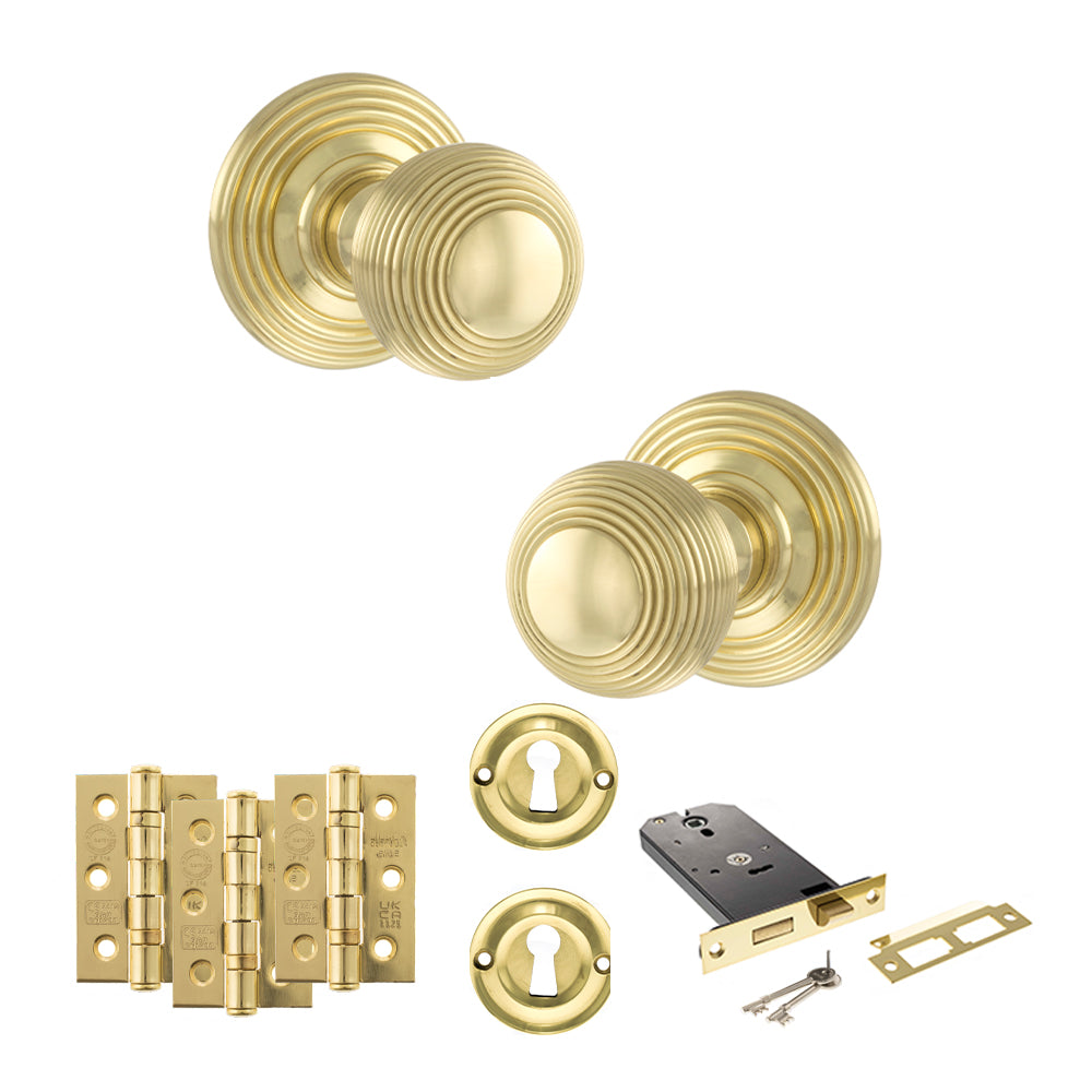 Quality image of Old English Ripon Door Knob Pack (Lock Set - Horizontal Sashlock, 3" Fire Rated Hinges x3) - Polished Brass | Sku. adpoe50rmkpb69 | available from Trade Door Handles.