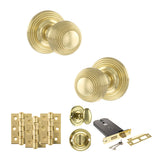 Quality image of Old English Ripon Door Knob Pack (Lock Set - Horizontal Bathlock, 3" Fire Rated Hinges x3) - Polished Brass | Sku. adpoe50rmkpb70 | available from Trade Door Handles.
