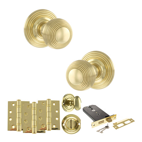Quality image of Old English Ripon Door Knob Pack (Lock Set - Horizontal Bathlock, 4" Fire Rated Hinges x3) - Polished Brass | Sku. adpoe50rmkpb72 | available from Trade Door Handles.