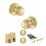 Quality image of Old English Ripon Door Knob Pack (Lock Set - Horizontal Sashlock, 4" Slim Knuckle Hinges x2) - Polished Brass | Sku. adpoe50rmkpb73 | available from Trade Door Handles.