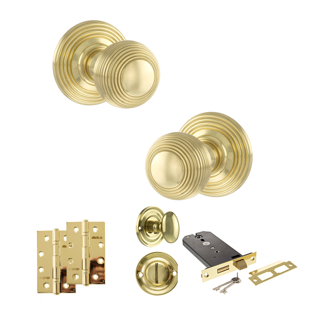 Quality image of Old English Ripon Door Knob Pack (Lock Set - Horizontal Bathlock, 4" Slim Knuckle Hinges x2) - Polished Brass | Sku. adpoe50rmkpb74 | available from Trade Door Handles.