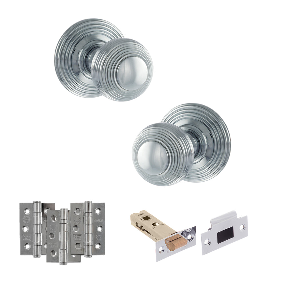 Quality image of Old English Ripon Door Knob Pack (Latch Set - 4" HD Latch, 3" Fire Rated Hinges x3) - Polished Chrome | Sku. adpoe50rmkpc55 | available from Trade Door Handles.
