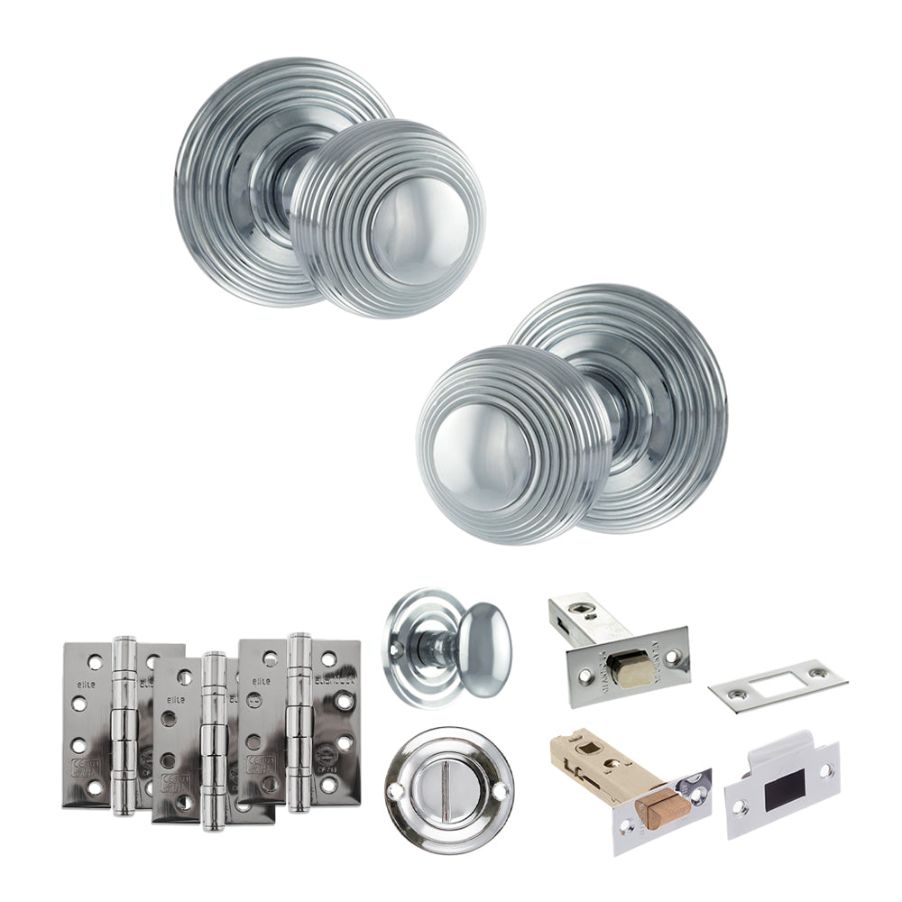 Quality image of Old English Ripon Door Knob Pack (Bathroom Set - 3" Deadbolt, 4" Fire Rated Hinges x3) - Polished Chrome | Sku. adpoe50rmkpc62 | available from Trade Door Handles.