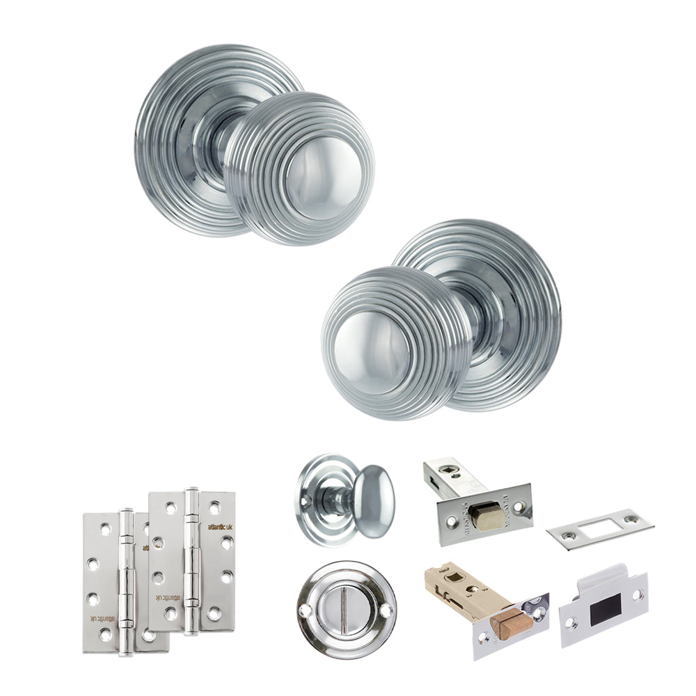 Quality image of Old English Ripon Door Knob Pack (Bathroom Set - 4" Deadbolt, 4" Slim Knuckle Hinges x2) - Polished Chrome | Sku. adpoe50rmkpc65 | available from Trade Door Handles.