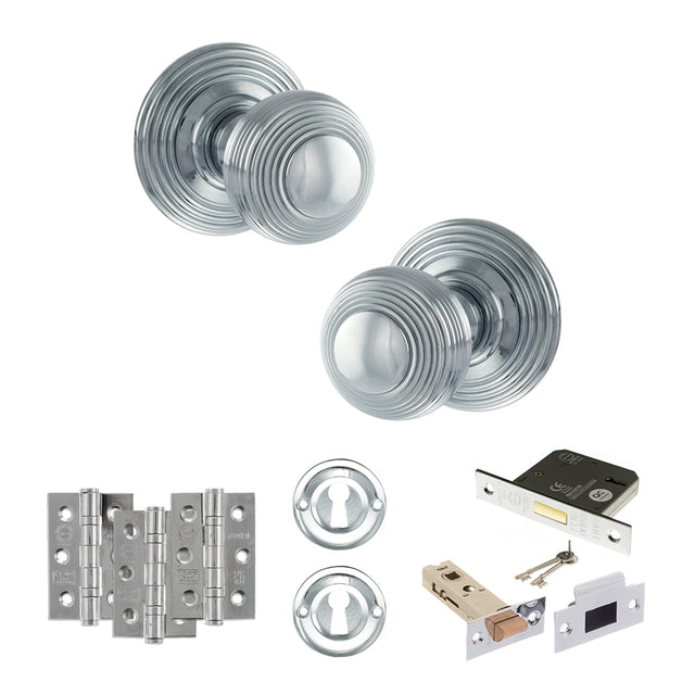 Quality image of Old English Ripon Door Knob Pack (Lock Set - 3" Latch & Deadlock, 3" Fire Rated Hinges x3) - Polished Chrome | Sku. adpoe50rmkpc66 | available from Trade Door Handles.