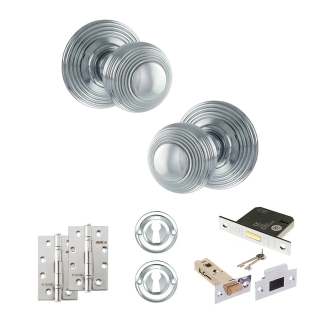 Quality image of Old English Ripon Door Knob Pack (Lock Set - 3" Latch & Deadlock, 4" Slim Knuckle Hinges x2) - Polished Chrome | Sku. adpoe50rmkpc68 | available from Trade Door Handles.