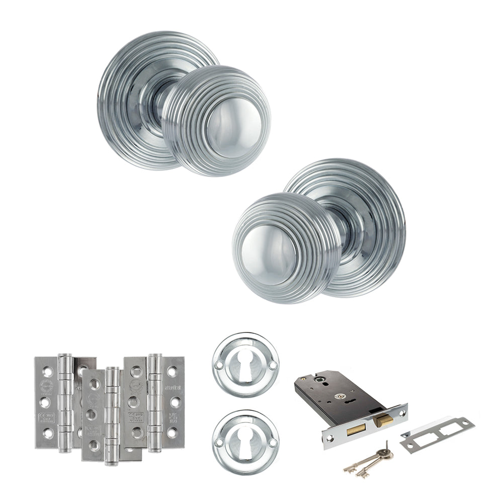 Quality image of Old English Ripon Door Knob Pack (Lock Set - Horizontal Sashlock, 3" Fire Rated Hinges x3) - Polished Chrome | Sku. adpoe50rmkpc69 | available from Trade Door Handles.