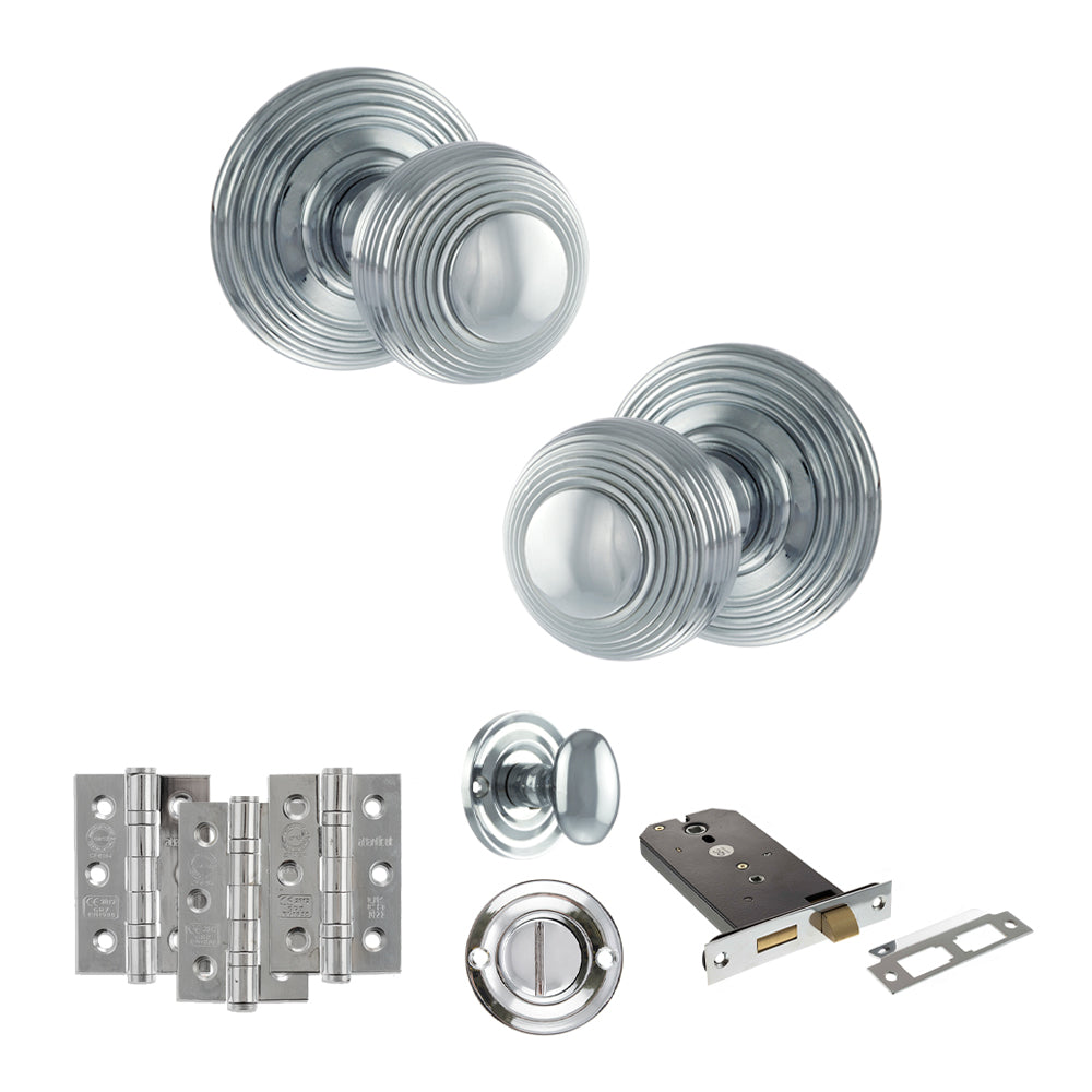 Quality image of Old English Ripon Door Knob Pack (Lock Set - Horizontal Bathlock, 3" Fire Rated Hinges x3) - Polished Chrome | Sku. adpoe50rmkpc70 | available from Trade Door Handles.