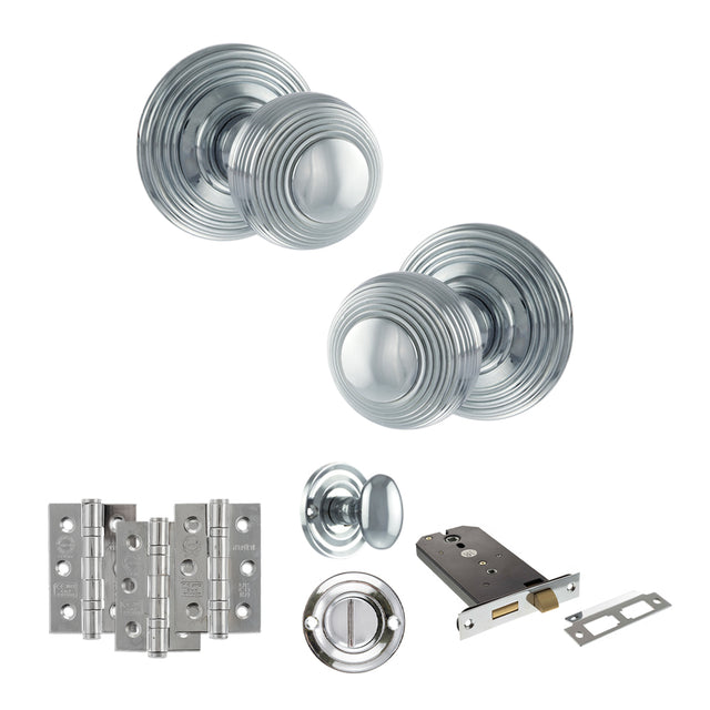 Quality image of Old English Ripon Door Knob Pack (Lock Set - Horizontal Bathlock, 3" Fire Rated Hinges x3) - Polished Chrome | Sku. adpoe50rmkpc70 | available from Trade Door Handles.