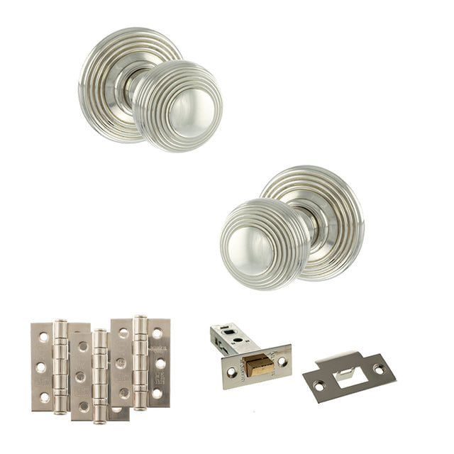 Quality image of Old English Ripon Door Knob Pack (Latch Set - 4" HD Latch, 3" Fire Rated Hinges x3) - Polished Nickel | Sku. adpoe50rmkpn55 | available from Trade Door Handles.