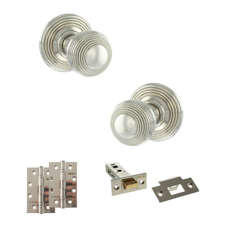 Quality image of Old English Ripon Door Knob Pack (Latch Set - 3" HD Latch, 4" Slim Knuckle Hinges x2) - Polished Nickel | Sku. adpoe50rmkpn58 | available from Trade Door Handles.