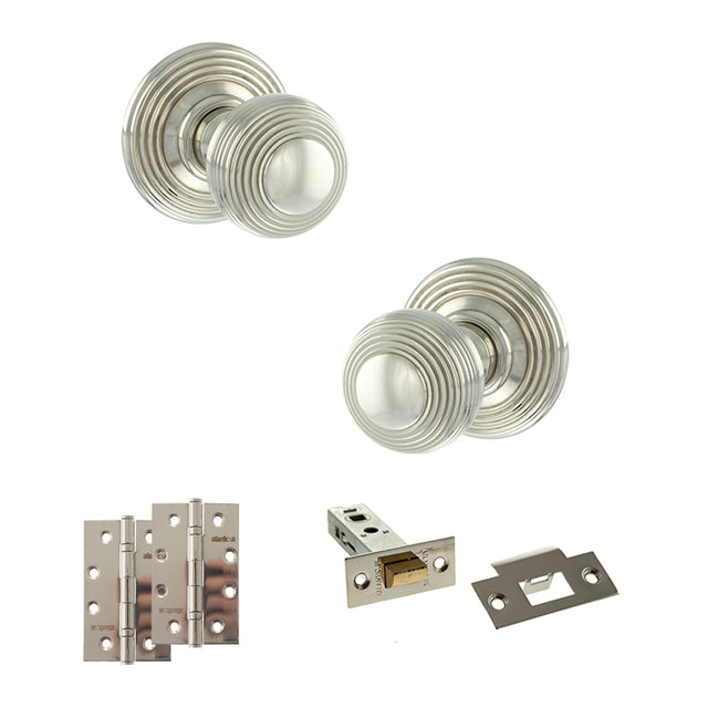 Quality image of Old English Ripon Door Knob Pack (Latch Set - 4" HD Latch, 4" Slim Knuckle Hinges x2) - Polished Nickel | Sku. adpoe50rmkpn59 | available from Trade Door Handles.