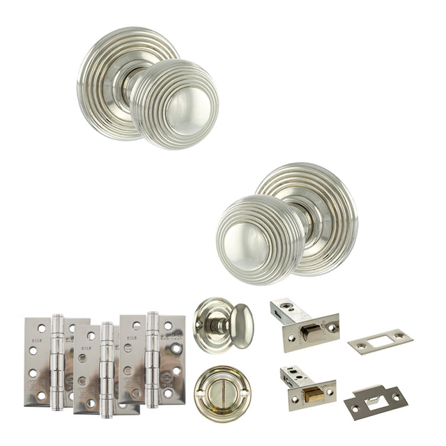 Quality image of Old English Ripon Door Knob Pack (Bathroom Set - 4" Deadbolt, 4" Fire Rated Hinges x3) - Polished Nickel | Sku. adpoe50rmkpn63 | available from Trade Door Handles.
