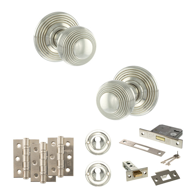 Quality image of Old English Ripon Door Knob Pack (Lock Set - 3" Latch & Deadlock, 4" Fire Rated Hinges x3) - Polished Nickel | Sku. adpoe50rmkpn67 | available from Trade Door Handles.