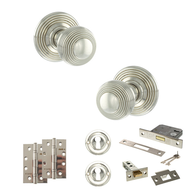 Quality image of Old English Ripon Door Knob Pack (Lock Set - 3" Latch & Deadlock, 4" Slim Knuckle Hinges x2) - Polished Nickel | Sku. adpoe50rmkpn68 | available from Trade Door Handles.