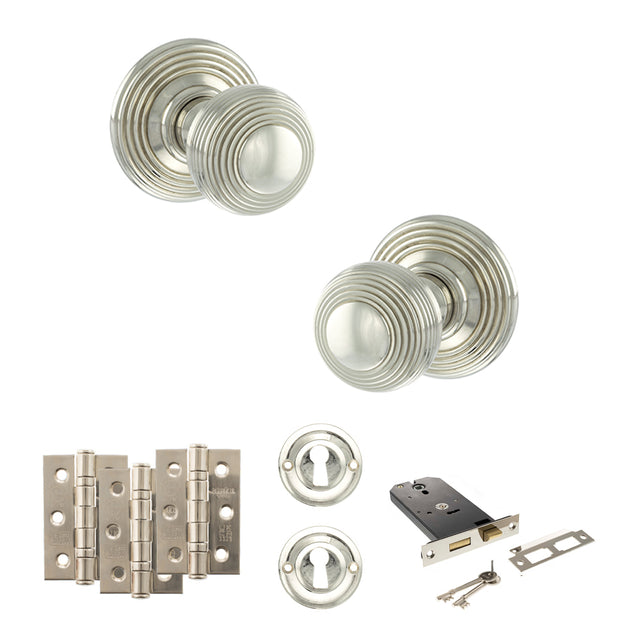 Quality image of Old English Ripon Door Knob Pack (Lock Set - Horizontal Sashlock, 3" Fire Rated Hinges x3) - Polished Nickel | Sku. adpoe50rmkpn69 | available from Trade Door Handles.