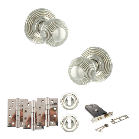 Quality image of Old English Ripon Door Knob Pack (Lock Set - Horizontal Sashlock, 4" Fire Rated Hinges x3) - Polished Nickel | Sku. adpoe50rmkpn71 | available from Trade Door Handles.
