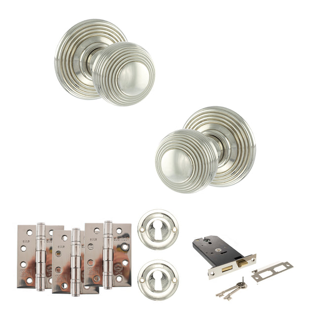 Quality image of Old English Ripon Door Knob Pack (Lock Set - Horizontal Sashlock, 4" Fire Rated Hinges x3) - Polished Nickel | Sku. adpoe50rmkpn71 | available from Trade Door Handles.