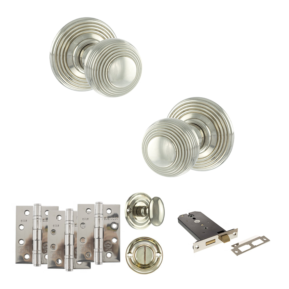 Quality image of Old English Ripon Door Knob Pack (Lock Set - Horizontal Bathlock, 4" Fire Rated Hinges x3) - Polished Nickel | Sku. adpoe50rmkpn72 | available from Trade Door Handles.