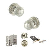 Quality image of Old English Ripon Door Knob Pack (Lock Set - Horizontal Bathlock, 4" Slim Knuckle Hinges x2) - Polished Nickel | Sku. adpoe50rmkpn74 | available from Trade Door Handles.