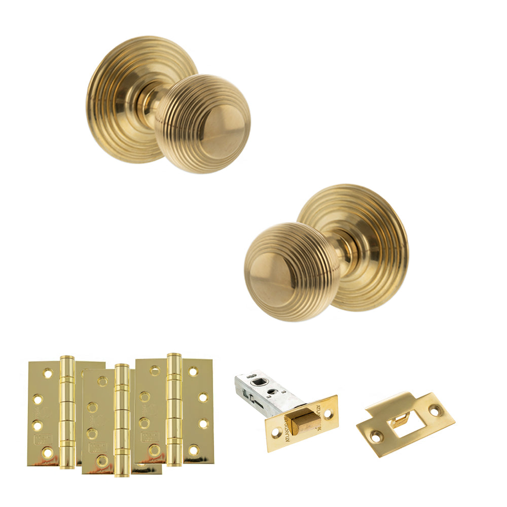 Quality image of Old English Ripon Door Knob Pack (Latch Set - 4" HD Latch, 4" Fire Rated Hinges x3) - Raw Brass | Sku. adpoe50rmkrb57 | available from Trade Door Handles.