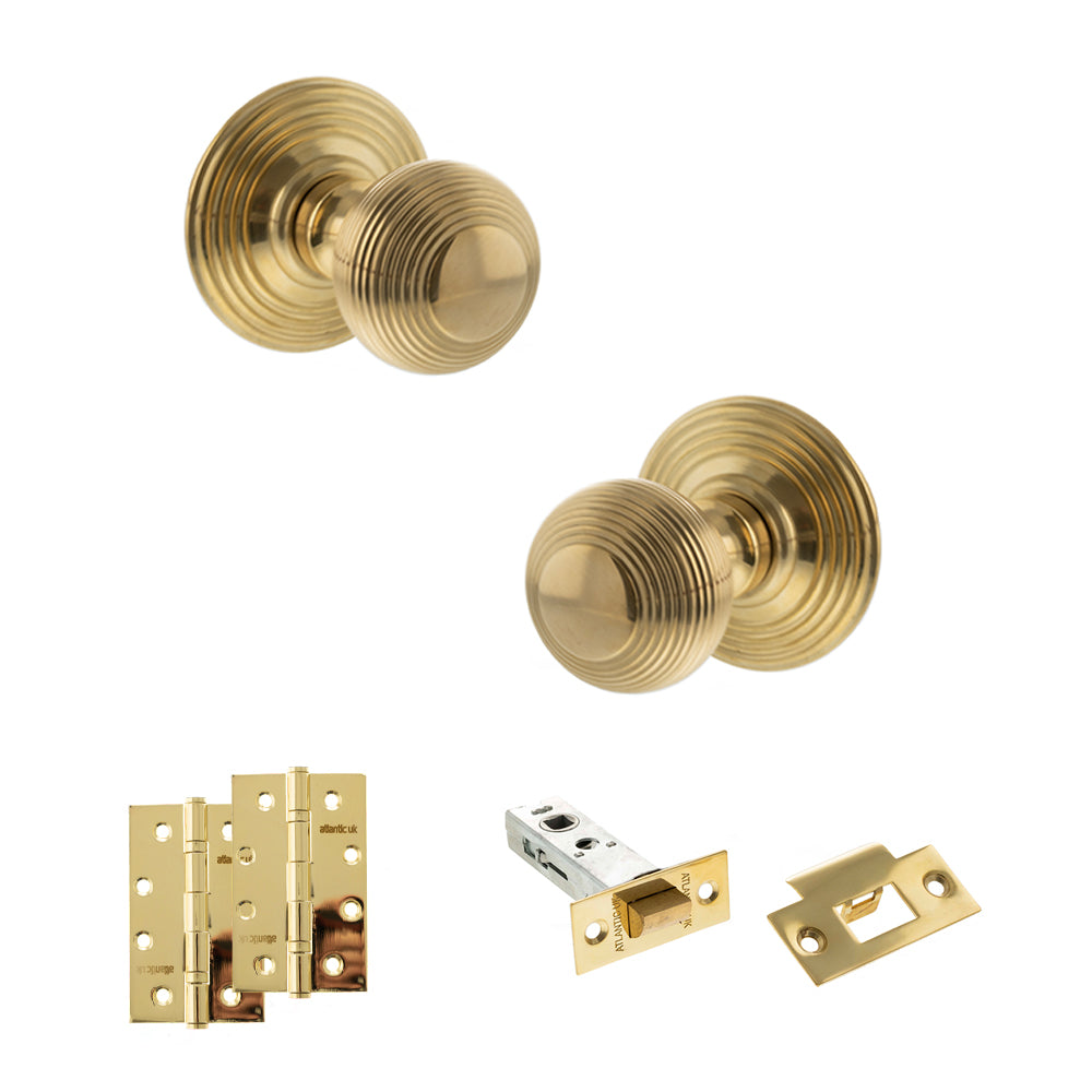 Quality image of Old English Ripon Door Knob Pack (Latch Set - 3" HD Latch, 4" Slim Knuckle Hinges x2) - Raw Brass | Sku. adpoe50rmkrb58 | available from Trade Door Handles.
