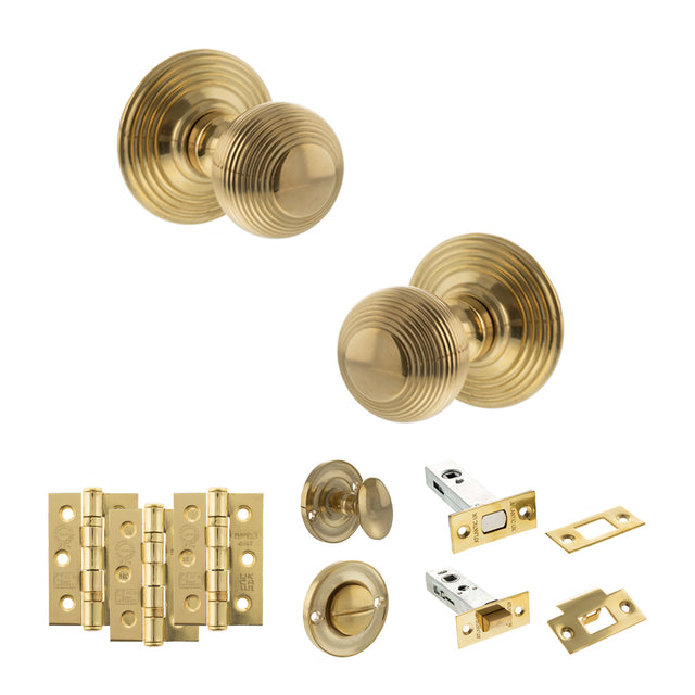 Quality image of Old English Ripon Door Knob Pack (Bathroom Set - 3" Deadbolt, 3" Fire Rated Hinges x3) - Raw Brass | Sku. adpoe50rmkrb60 | available from Trade Door Handles.