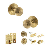 Quality image of Old English Ripon Door Knob Pack (Bathroom Set - 4" Deadbolt, 4" Slim Knuckle Hinges x2) - Raw Brass | Sku. adpoe50rmkrb65 | available from Trade Door Handles.
