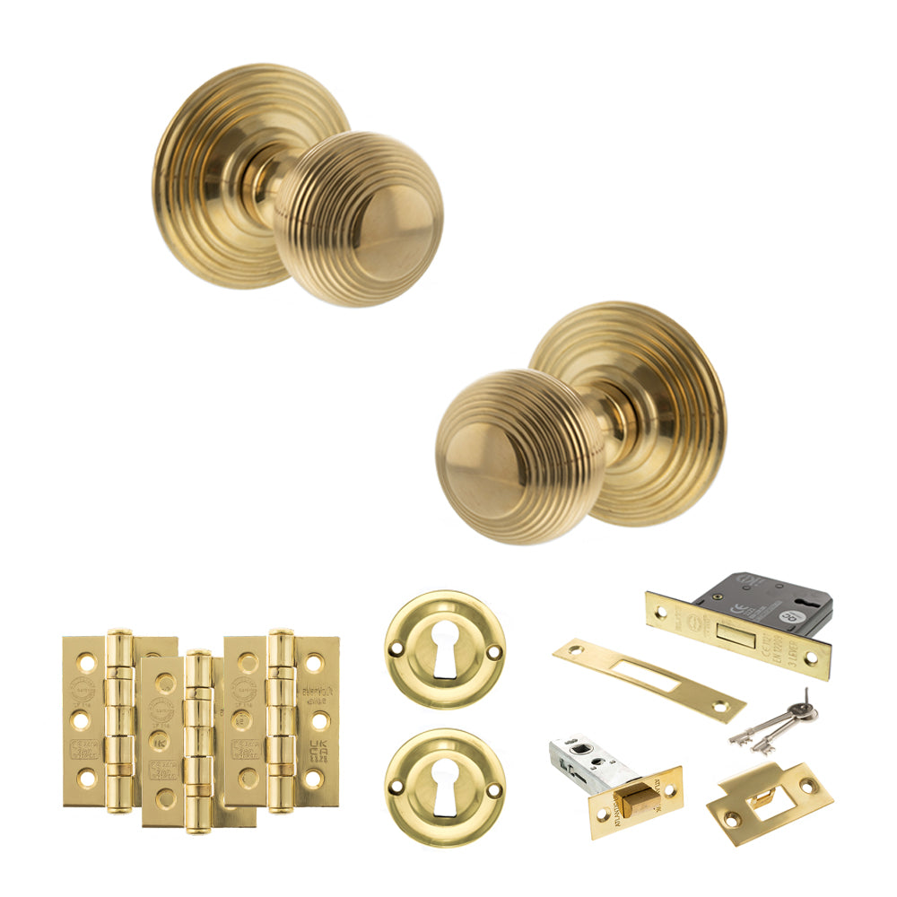 Quality image of Old English Ripon Door Knob Pack (Lock Set - 3" Latch & Deadlock, 3" Fire Rated Hinges x3) - Raw Brass | Sku. adpoe50rmkrb66 | available from Trade Door Handles.