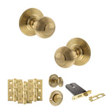 Quality image of Old English Ripon Door Knob Pack (Lock Set - Horizontal Bathlock, 3" Fire Rated Hinges x3) - Raw Brass | Sku. adpoe50rmkrb70 | available from Trade Door Handles.