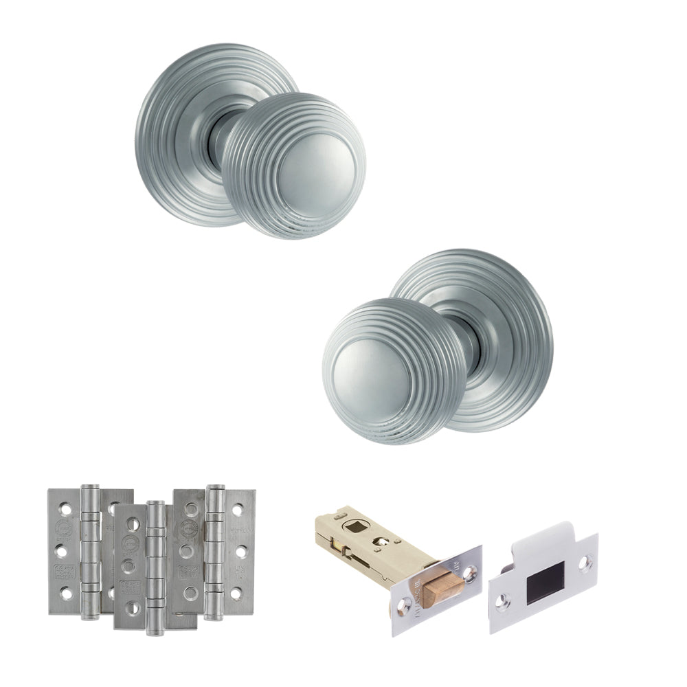 Quality image of Old English Ripon Door Knob Pack (Latch Set - 3" HD Latch, 3" Fire Rated Hinges x3) - Satin Chrome | Sku. adpoe50rmksc54 | available from Trade Door Handles.