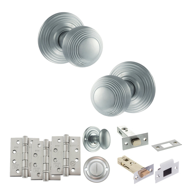 Quality image of Old English Ripon Door Knob Pack (Bathroom Set - 3" Deadbolt, 4" Fire Rated Hinges x3) - Satin Chrome | Sku. adpoe50rmksc62 | available from Trade Door Handles.