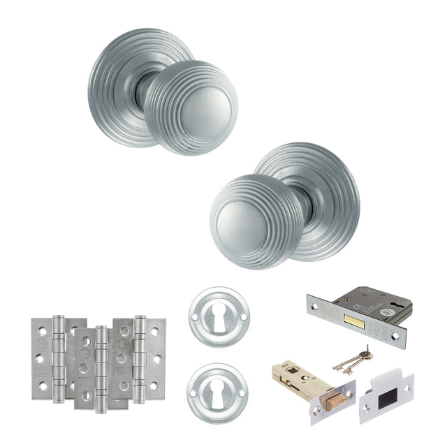 Quality image of Old English Ripon Door Knob Pack (Lock Set - 3" Latch & Deadlock, 3" Fire Rated Hinges x3) - Satin Chrome | Sku. adpoe50rmksc66 | available from Trade Door Handles.