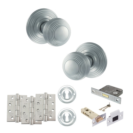 Quality image of Old English Ripon Door Knob Pack (Lock Set - 3" Latch & Deadlock, 4" Fire Rated Hinges x3) - Satin Chrome | Sku. adpoe50rmksc67 | available from Trade Door Handles.