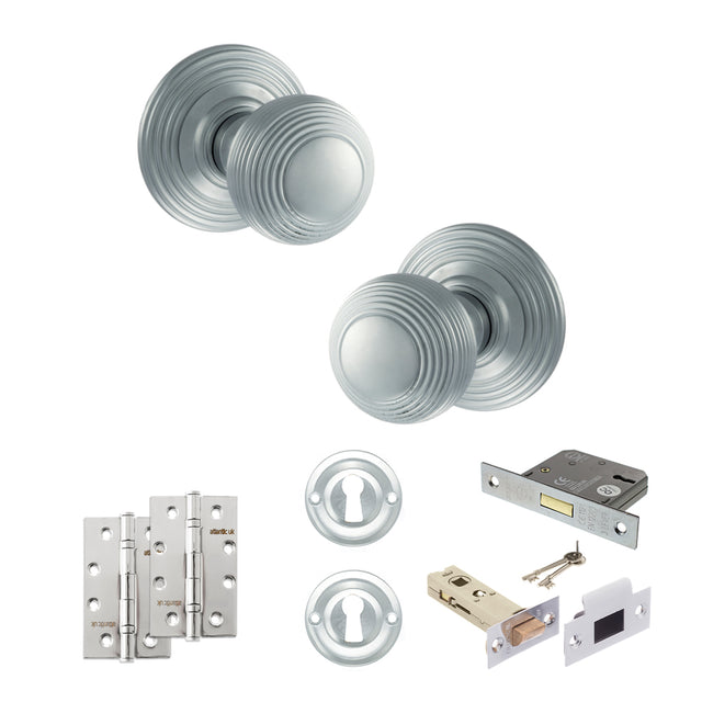 Quality image of Old English Ripon Door Knob Pack (Lock Set - 3" Latch & Deadlock, 4" Slim Knuckle Hinges x2) - Satin Chrome | Sku. adpoe50rmksc68 | available from Trade Door Handles.