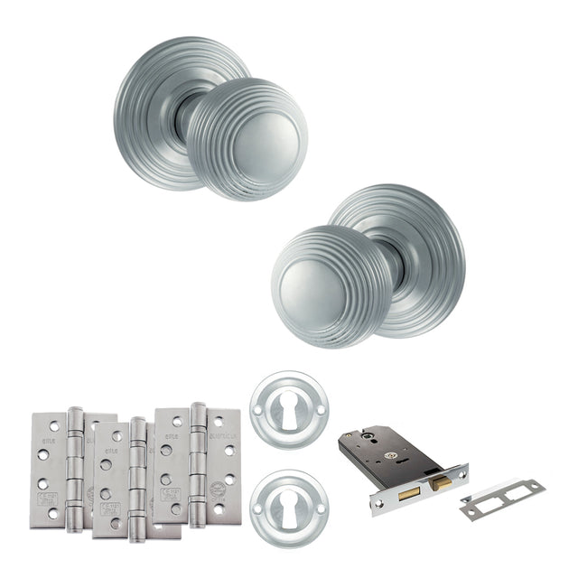 Quality image of Old English Ripon Door Knob Pack (Lock Set - Horizontal Sashlock, 4" Fire Rated Hinges x3) - Satin Chrome | Sku. adpoe50rmksc71 | available from Trade Door Handles.