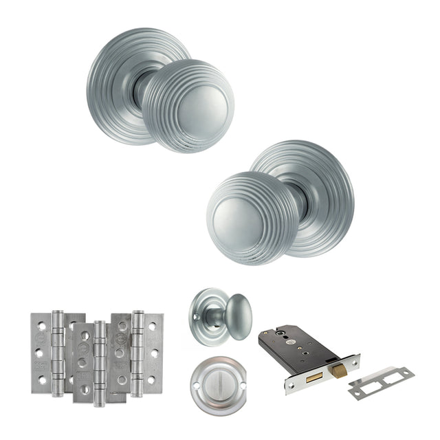 Quality image of Old English Ripon Door Knob Pack (Lock Set - Horizontal Bathlock, 4" Fire Rated Hinges x3) - Satin Chrome | Sku. adpoe50rmksc72 | available from Trade Door Handles.
