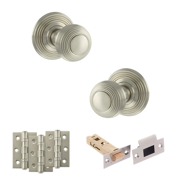 Quality image of Old English Ripon Door Knob Pack (Latch Set - 3" HD Latch, 3" Fire Rated Hinges x3) - Satin Nickel | Sku. adpoe50rmksn54 | available from Trade Door Handles.