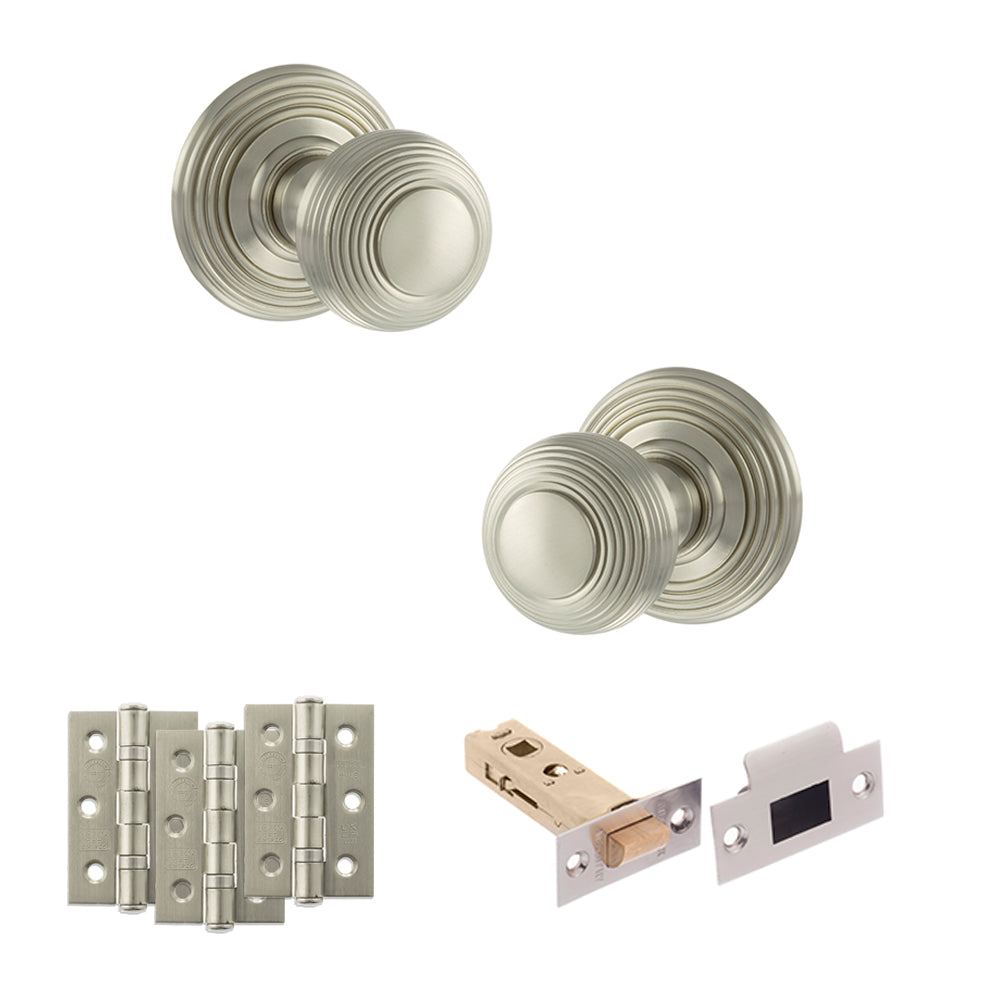 Quality image of Old English Ripon Door Knob Pack (Latch Set - 4" HD Latch, 3" Fire Rated Hinges x3) - Satin Nickel | Sku. adpoe50rmksn55 | available from Trade Door Handles.