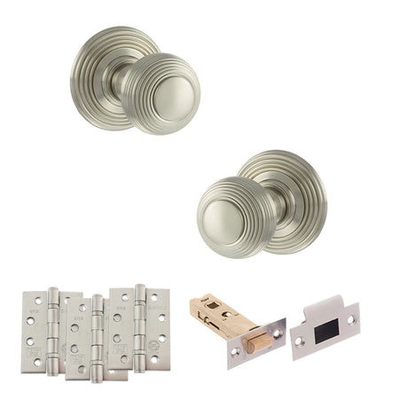Quality image of Old English Ripon Door Knob Pack (Latch Set - 3" HD Latch, 4" Fire Rated Hinges x3) - Satin Nickel | Sku. adpoe50rmksn56 | available from Trade Door Handles.