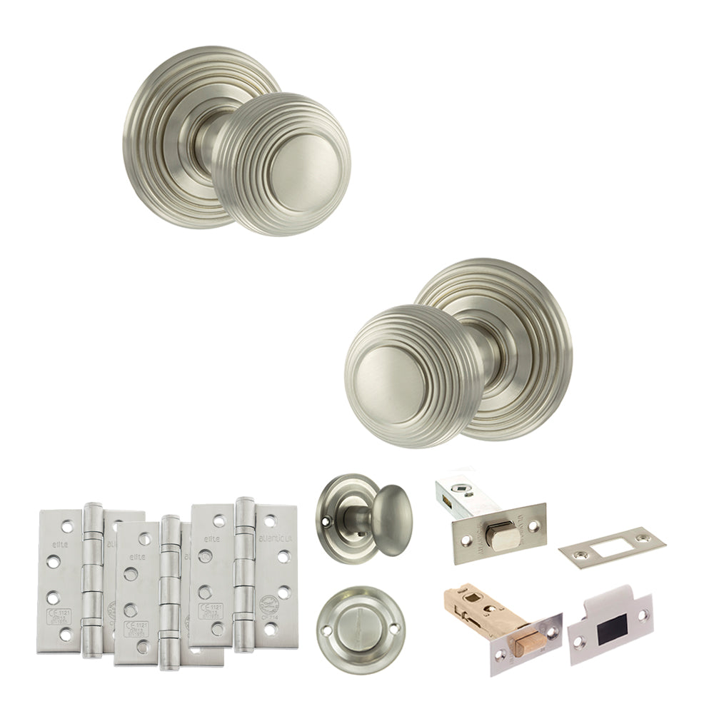 Quality image of Old English Ripon Door Knob Pack (Bathroom Set - 3" Deadbolt, 4" Fire Rated Hinges x3) - Satin Nickel | Sku. adpoe50rmksn62 | available from Trade Door Handles.