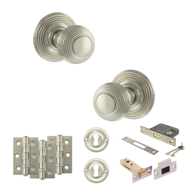 Quality image of Old English Ripon Door Knob Pack (Lock Set - 3" Latch & Deadlock, 3" Fire Rated Hinges x3) - Satin Nickel | Sku. adpoe50rmksn66 | available from Trade Door Handles.
