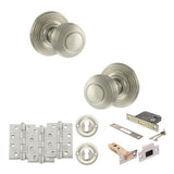 Quality image of Old English Ripon Door Knob Pack (Lock Set - 3" Latch & Deadlock, 4" Fire Rated Hinges x3) - Satin Nickel | Sku. adpoe50rmksn67 | available from Trade Door Handles.