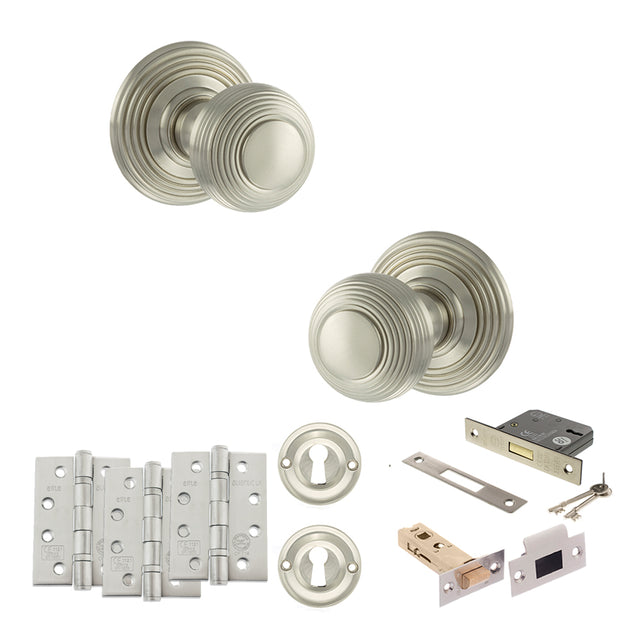 Quality image of Old English Ripon Door Knob Pack (Lock Set - 3" Latch & Deadlock, 4" Fire Rated Hinges x3) - Satin Nickel | Sku. adpoe50rmksn67 | available from Trade Door Handles.