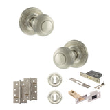 Quality image of Old English Ripon Door Knob Pack (Lock Set - 3" Latch & Deadlock, 4" Slim Knuckle Hinges x2) - Satin Nickel | Sku. adpoe50rmksn68 | available from Trade Door Handles.