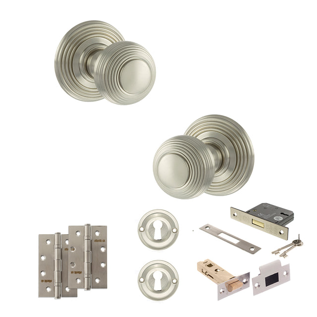 Quality image of Old English Ripon Door Knob Pack (Lock Set - 3" Latch & Deadlock, 4" Slim Knuckle Hinges x2) - Satin Nickel | Sku. adpoe50rmksn68 | available from Trade Door Handles.