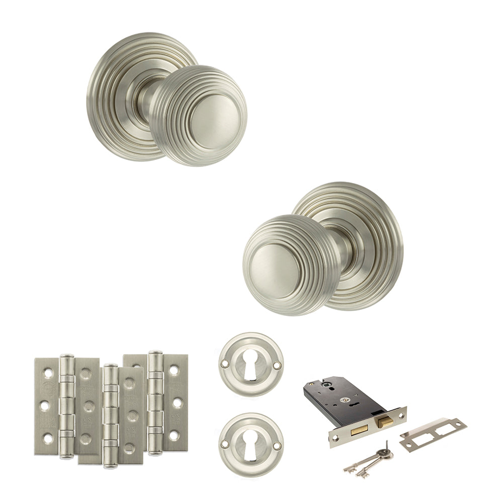 Quality image of Old English Ripon Door Knob Pack (Lock Set - Horizontal Sashlock, 3" Fire Rated Hinges x3) - Satin Nickel | Sku. adpoe50rmksn69 | available from Trade Door Handles.