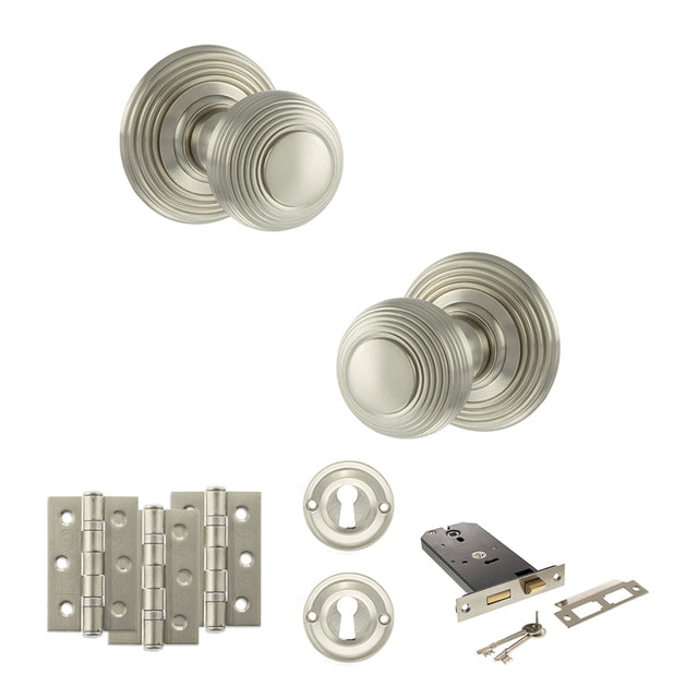 Quality image of Old English Ripon Door Knob Pack (Lock Set - Horizontal Sashlock, 3" Fire Rated Hinges x3) - Satin Nickel | Sku. adpoe50rmksn69 | available from Trade Door Handles.