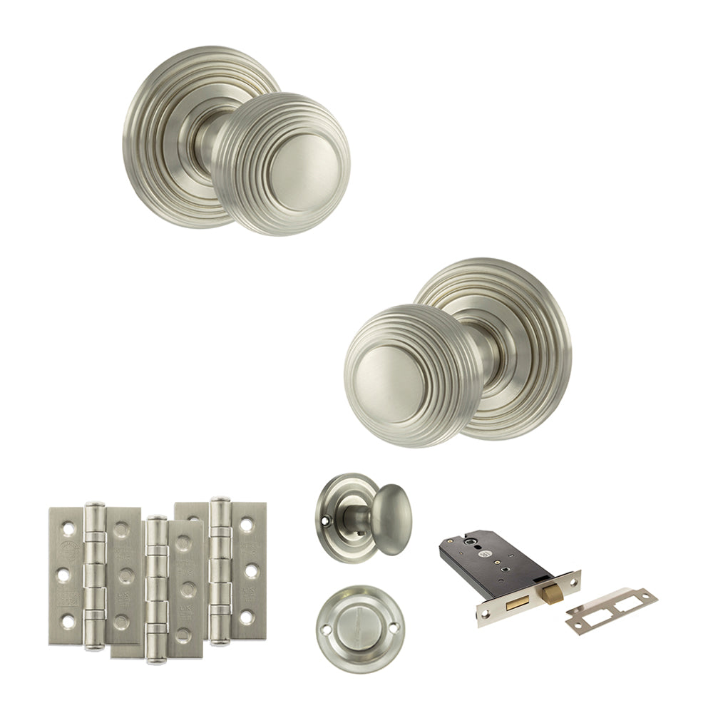 Quality image of Old English Ripon Door Knob Pack (Lock Set - Horizontal Bathlock, 3" Fire Rated Hinges x3) - Satin Nickel | Sku. adpoe50rmksn70 | available from Trade Door Handles.