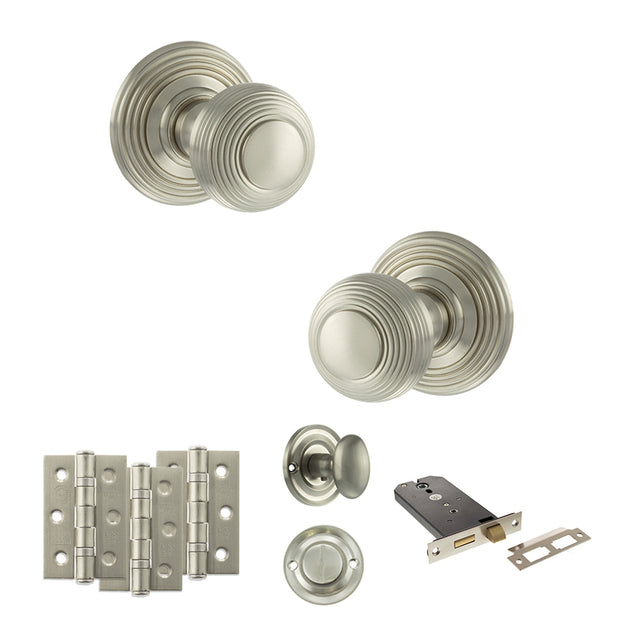 Quality image of Old English Ripon Door Knob Pack (Lock Set - Horizontal Bathlock, 3" Fire Rated Hinges x3) - Satin Nickel | Sku. adpoe50rmksn70 | available from Trade Door Handles.